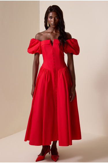 Cécile Puff Sleeve Midi Dress in Red