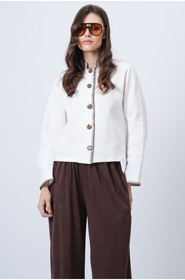 Women's Ecru Judge Collar Shepherd Stitched Cardigan