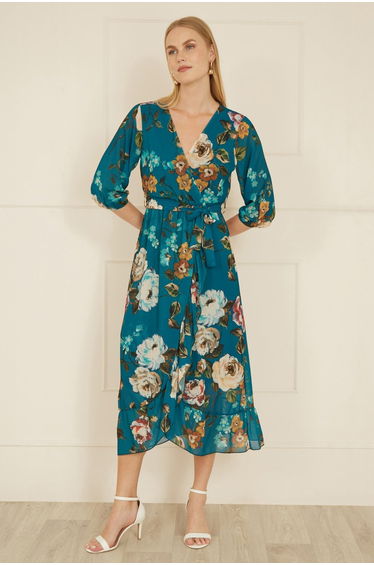 Yumi Teal Watercolour Dip Hem Midi Wrap Dress - Teal / 8 UK