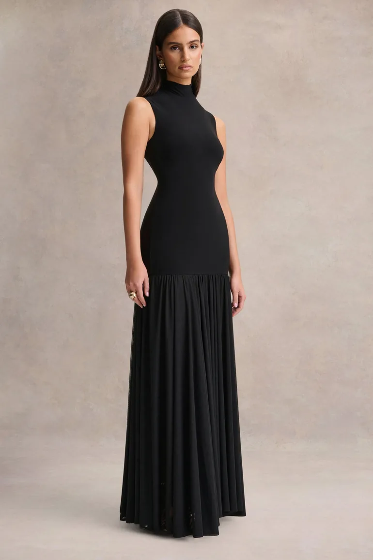 Gigi | Black High-Neck Maxi Dress With Drop-Waist And Sheer Skirt - 4