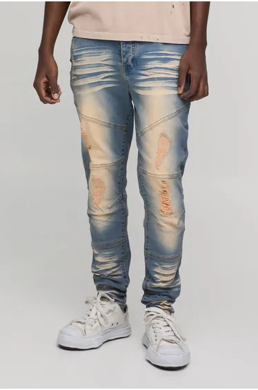 Skinny Stretch Heavy Bleached Ripped Jeans - bleach wash