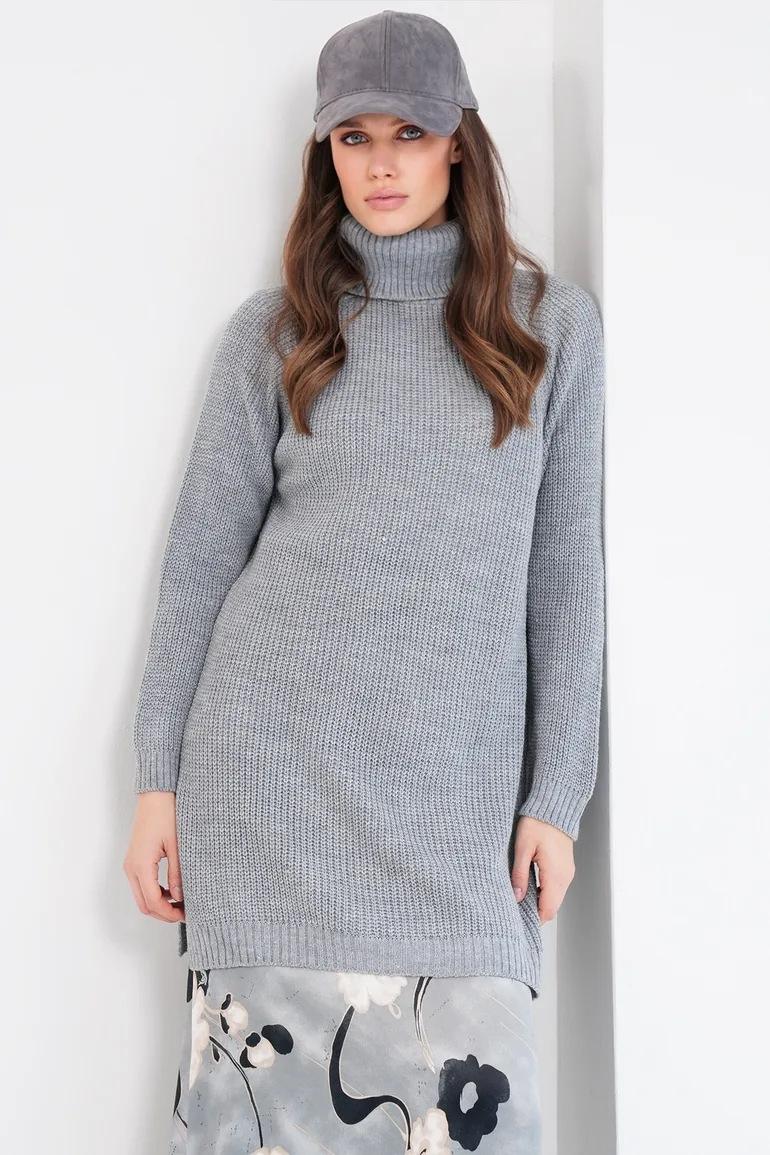 Women's Gray Turtleneck Thessaloniki Knitted Side Slit Knitwear Long Sweater - 2