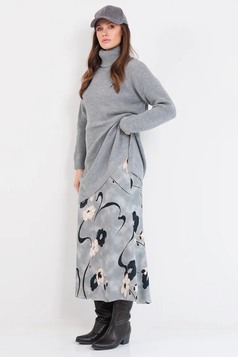 Women's Gray Turtleneck Thessaloniki Knitted Side Slit Knitwear Long Sweater