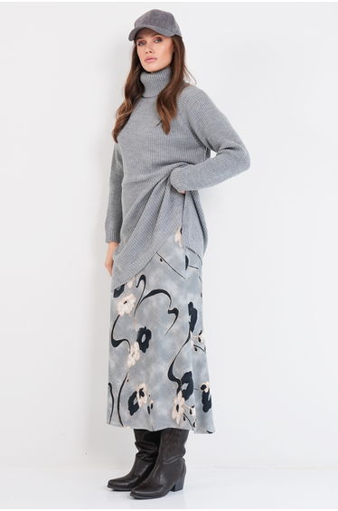 Women's Gray Turtleneck Thessaloniki Knitted Side Slit Knitwear Long Sweater
