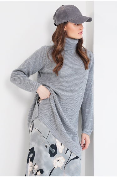 Women's Gray Turtleneck Thessaloniki Knitted Side Slit Knitwear Long Sweater product thumbnail 2