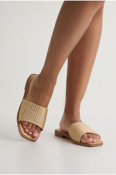 Wide Fit Metallic Raffia Sliders - gold