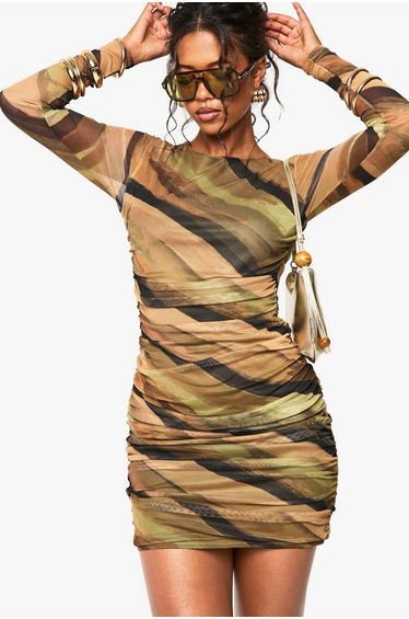 Abstract Mesh Ruched Mini Dress