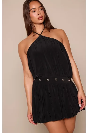 Black Double Layer Slinky Eyelet Detail Puff Dress