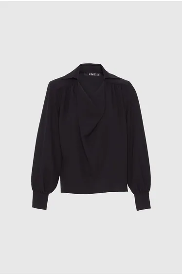 Plunging Collar Waistband Flowy Black Blouse