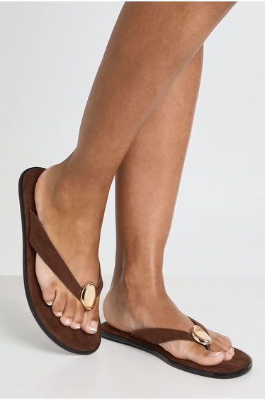 Faux Suede Hardware Detail Flip Flops - chocolate
