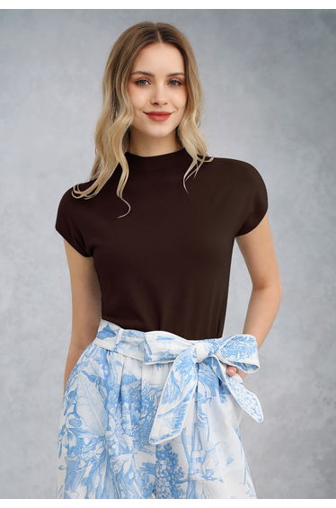 Solid Color Cap Sleeves Knit Top in Brown