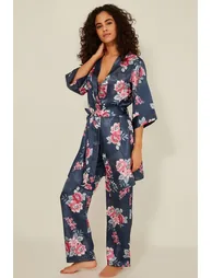 Women's Patterned 3 Piece Satin Pajama Set - 3