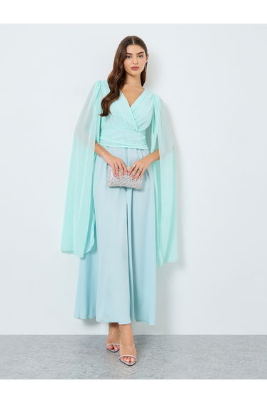 Teal Solid Pleated Cape Sleeve Maxi Dress