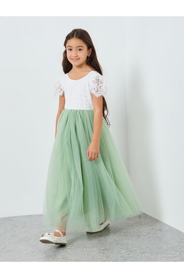 Girls Green Lace Puff Sleeve Tulle Maxi Dress