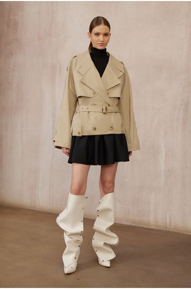 Sandra Khaki Double-Breasted Short Trench Coat