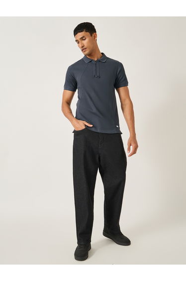 Men Grey Rib Knit Half-Zip Regular Fit Polo T-Shirt