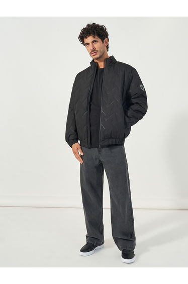 Chevron Quilted Puffer Jacket with Faux Fur Lining and Badge Detail