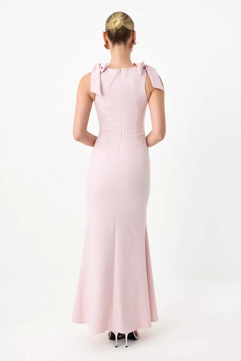 Light Pink Plain Woven Finike Maxi Evening Dress & Graduation Dress - 3