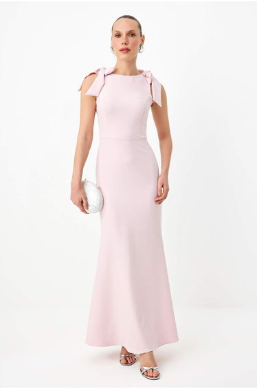 Light Pink Plain Woven Finike Maxi Evening Dress & Graduation Dress