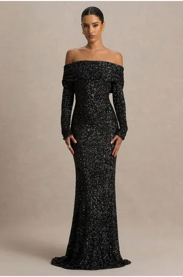 Obsession | Black Sequin Bardot-Neck Maxi Dress With Long Sleeves