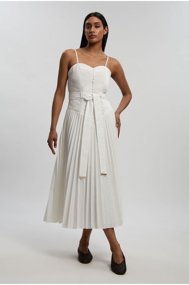 Petite Cotton Top Stitch Dropped Waist Woven Strappy Midi Dress