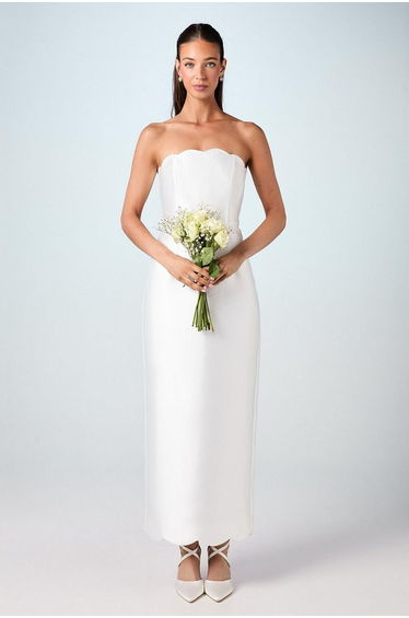 Scallop Detail Twill Column Bridal Dress