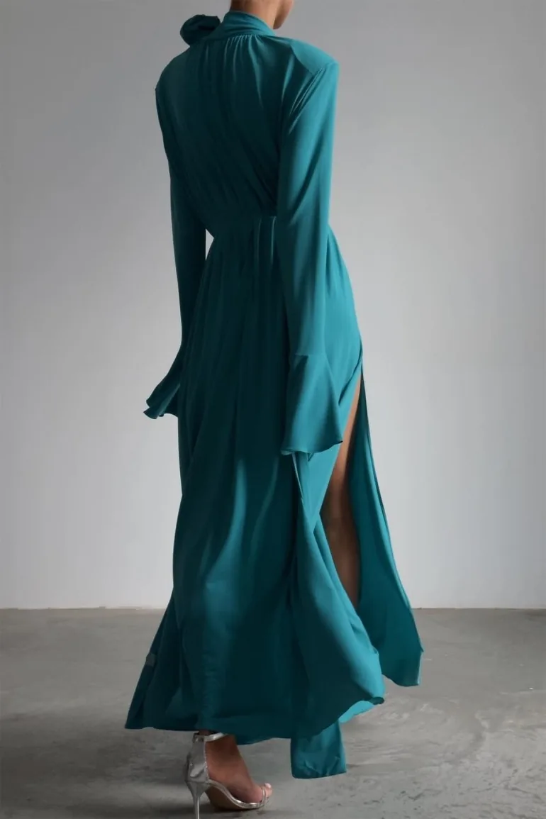 Yedda Flower Trimmed V-Neckline Pleated Slit Maxi Dress - 11