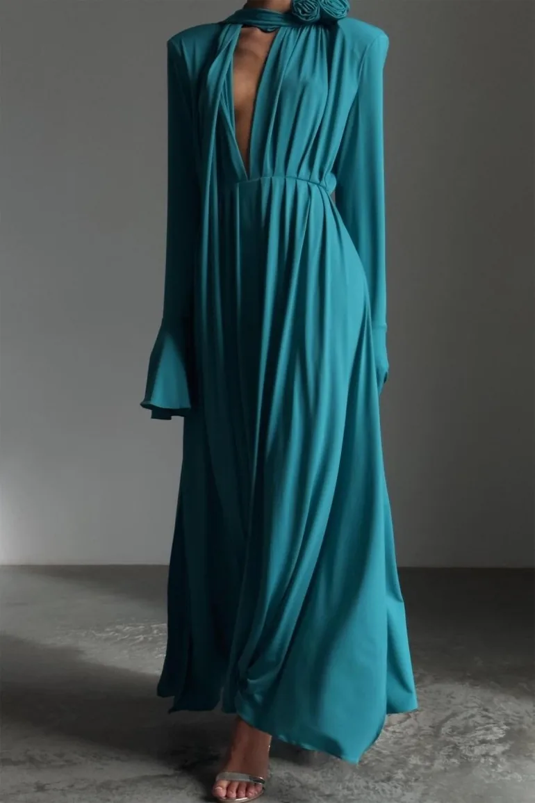 Yedda Flower Trimmed V-Neckline Pleated Slit Maxi Dress - 10