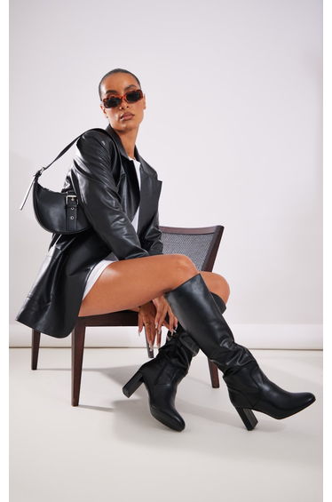 Black PU Round Toe Stitch Detail High Block Heeled Knee Boots
