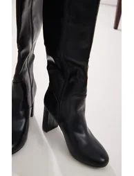 Black PU Round Toe Stitch Detail High Block Heeled Knee Boots - 3