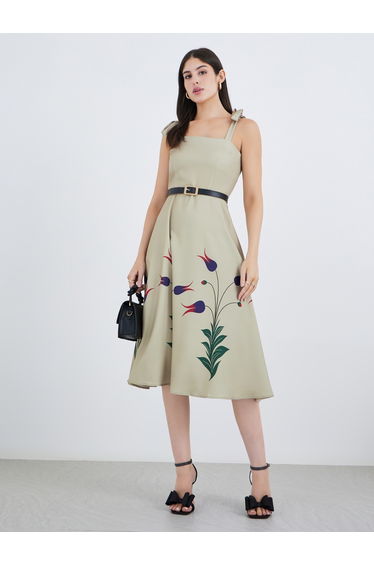 Printed Strappy A-Line Midi Dress with Belt