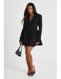 Long Sleeve Collared Tailored Skater Mini Dress - black