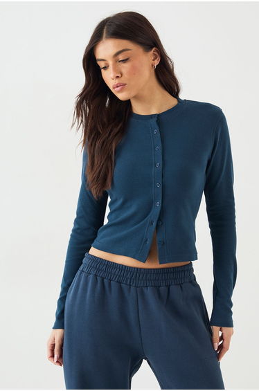 DSGN Studio Button Through Crew Neck Long Sleeve Top - indigo