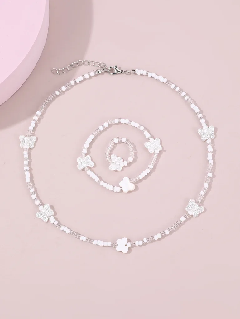 Girls White Butterfly Charm Beaded Necklace, Bracelet and Ring Set - 4