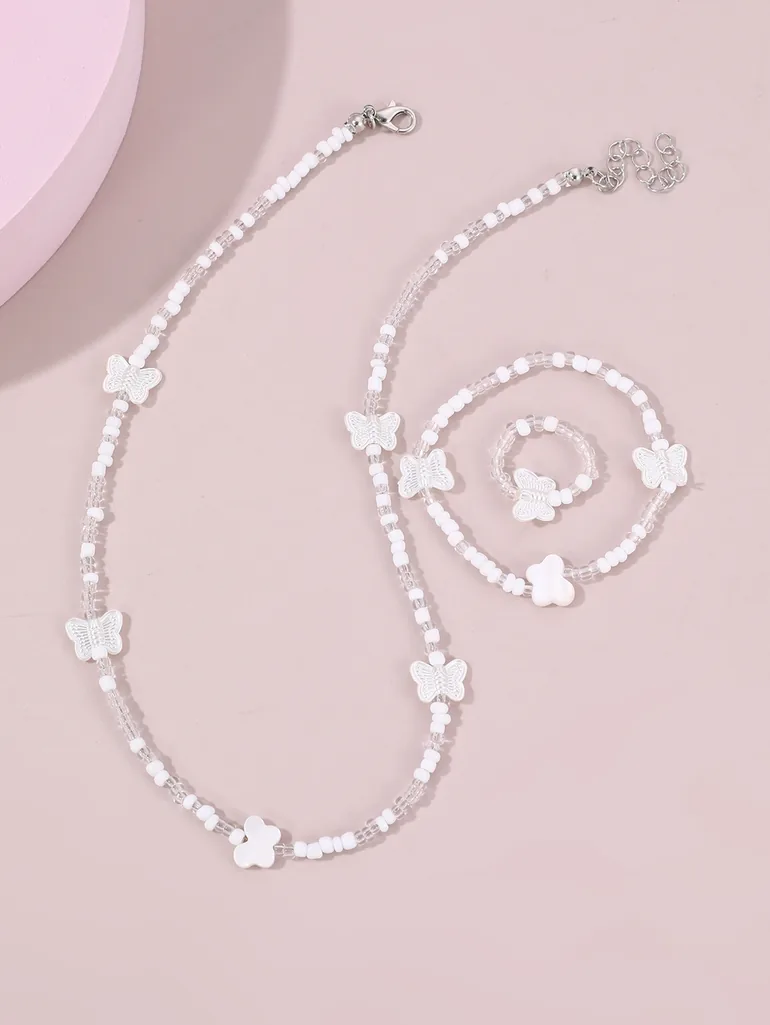 Girls White Butterfly Charm Beaded Necklace, Bracelet and Ring Set - 3