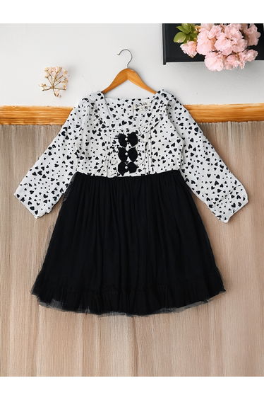 All-Over Print Long Sleeve Cotton Dress with Ruffle Trim