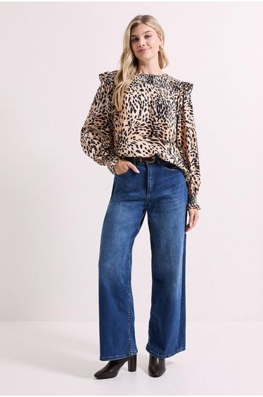 Animal Printed Shirred Yoke Frill Detail Top
