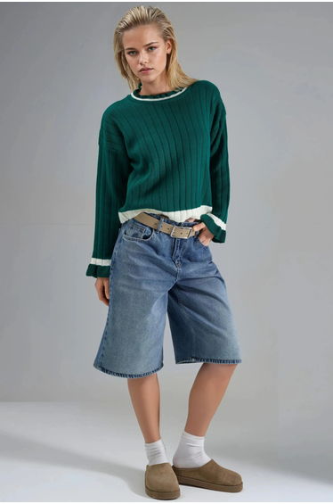 MY FASHION Striped Knit Sweater with Crew Neck