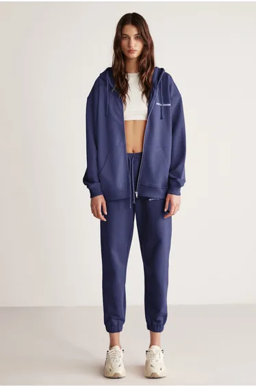 GRIMELANGE Ametis Women's Oversize Organic Cotton Metal Zipper Hooded Navy Sweatshirt