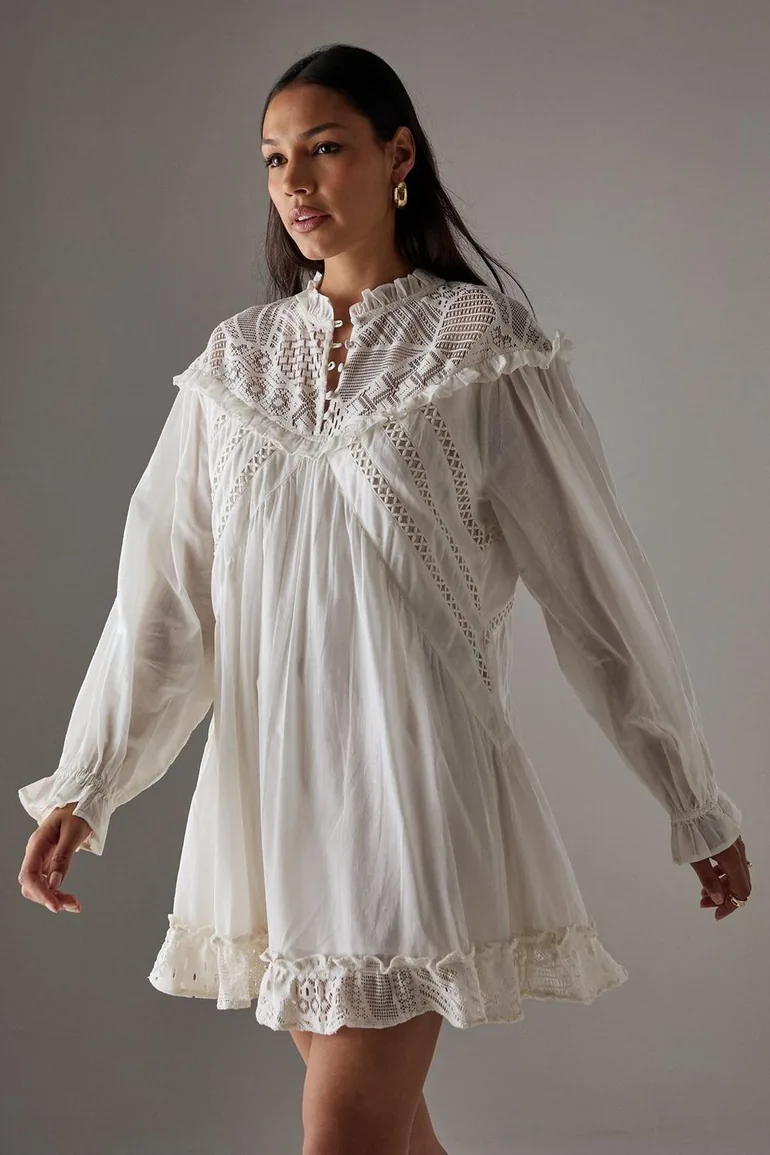 HCD Cotton Lace Insert Mini Smock Dress Warehouse : Holiday Dresses :  VogaCloset Oman