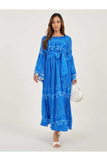 Floral Print Layered Long Sleeves A-Line Maxi Dress