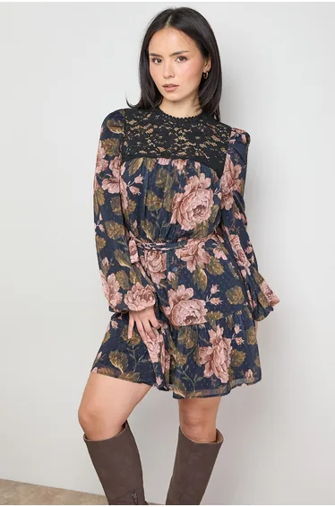 Petite Lace Front Belted Waist Long Sleeve Mini Dress