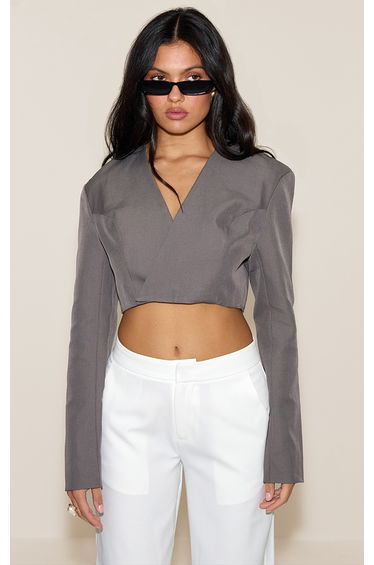 Charcoal Wrap Waist Tie Blazer