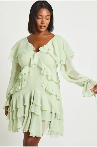 Plus Chiffon Ruffle Mini Dress - sage