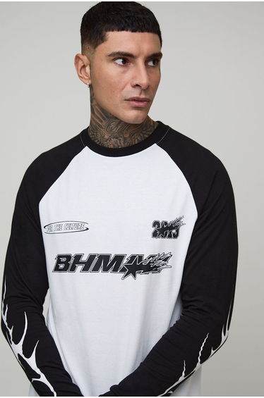 Tall Regular Fit Moto Graphic Long Sleeve Raglan T-Shirt - black