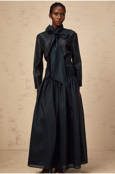 Zoé dark-green ribbon tie-neck shirt & skirt matching set