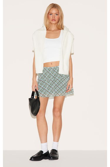 Green Check Printed Frill Hem Mini Skirt