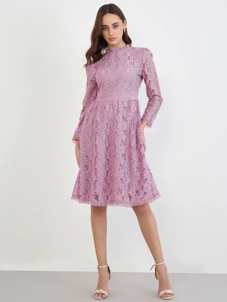 Pink Lace Insert A-Line Knee-Length Dress Styli Pink : Evening Dresses :  VogaCloset Oman