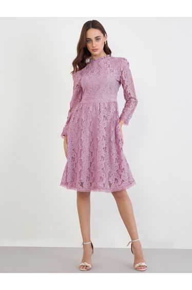 Pink Lace Insert A-Line Knee-Length Dress