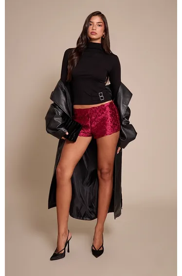 Burgundy Textured Satin Hot Pants